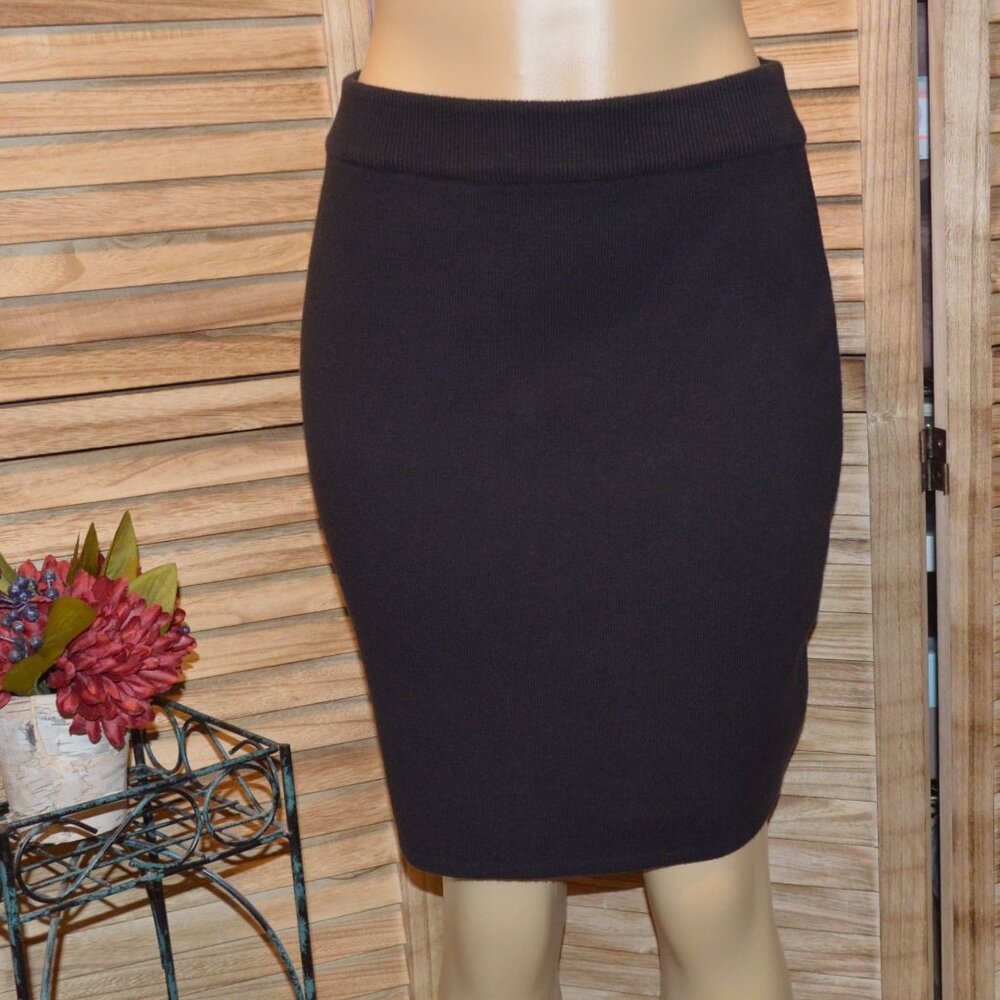 Ann Taylor Studio S Black Cotton Pencil Skirt Elastic Waist Knee Length